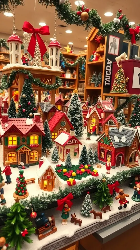 25+ Festive Christmas Store Displays to Inspire Your Retail Space 7 A classic Christmas village scene featuring colorful houses, miniature trees, and festive decorations.