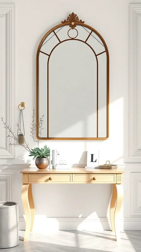 25+ Stunning Entryway Table Decor Ideas You’ll Love 12 A stylish entryway featuring a mirror above a table with decorative items.