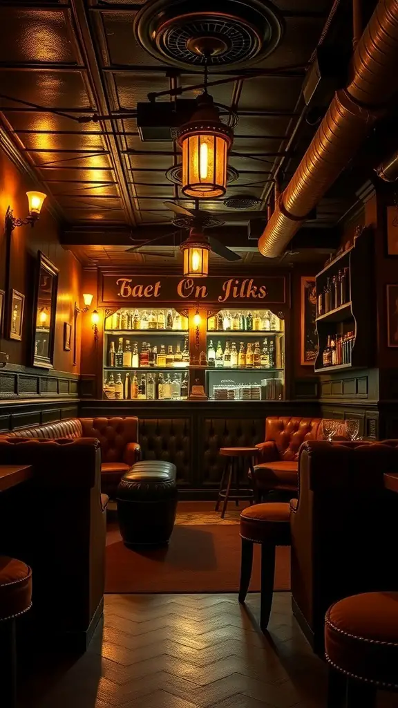 A cozy vintage-inspired speakeasy bar with leather seating and warm lighting.
