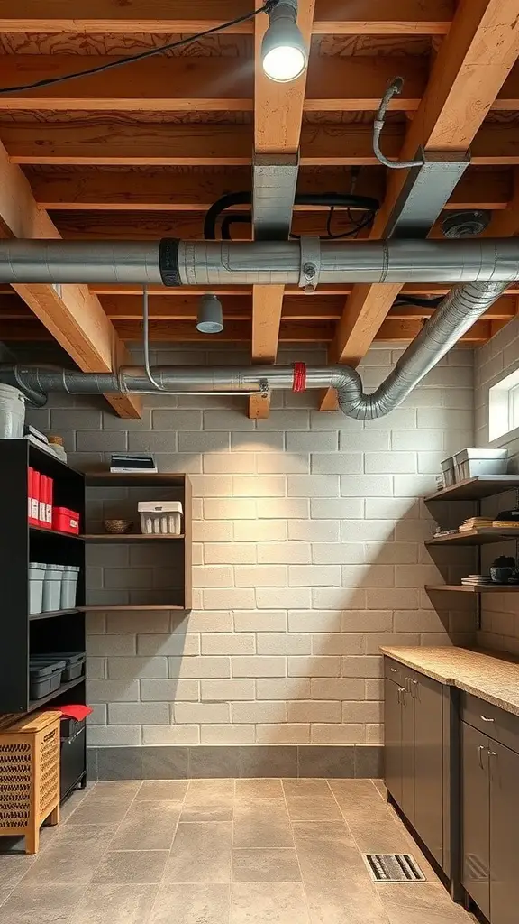 A well-organized basement with exposed ceiling and functional storage solutions