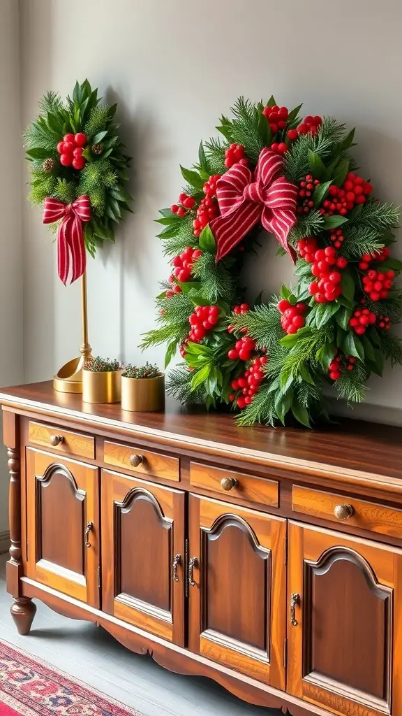 23+ Beautiful Christmas Sideboard Decor Ideas to Transform Your Home 7 A large holiday wreath with red berries and a striped bow on a sideboard, accompanied by a smaller matching decoration.