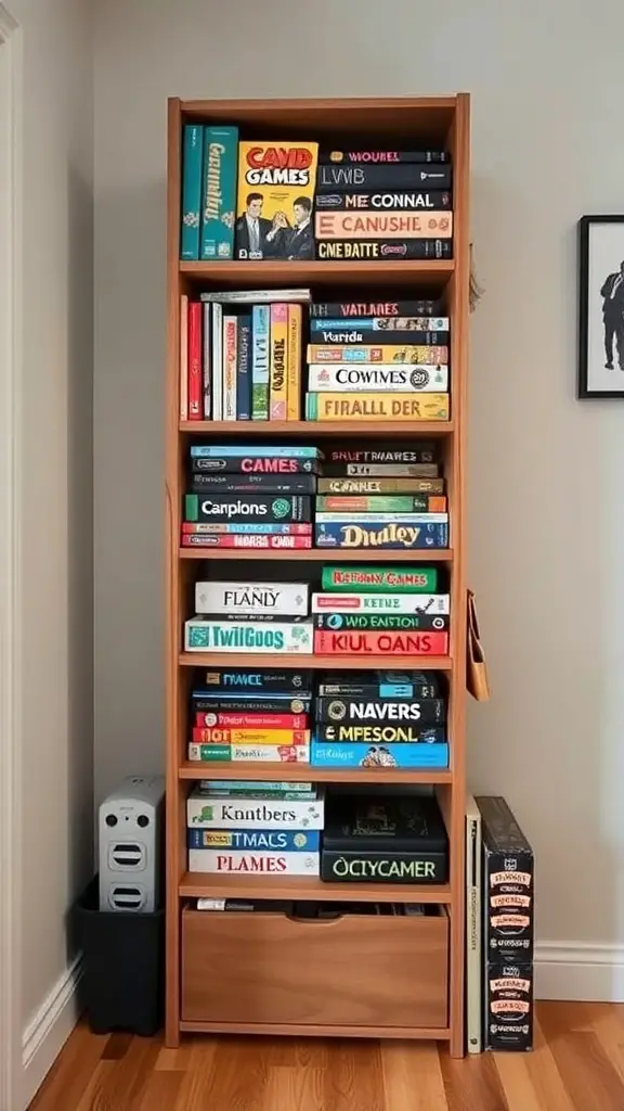 A tall wooden shelf displaying a variety of board games organized vertically.