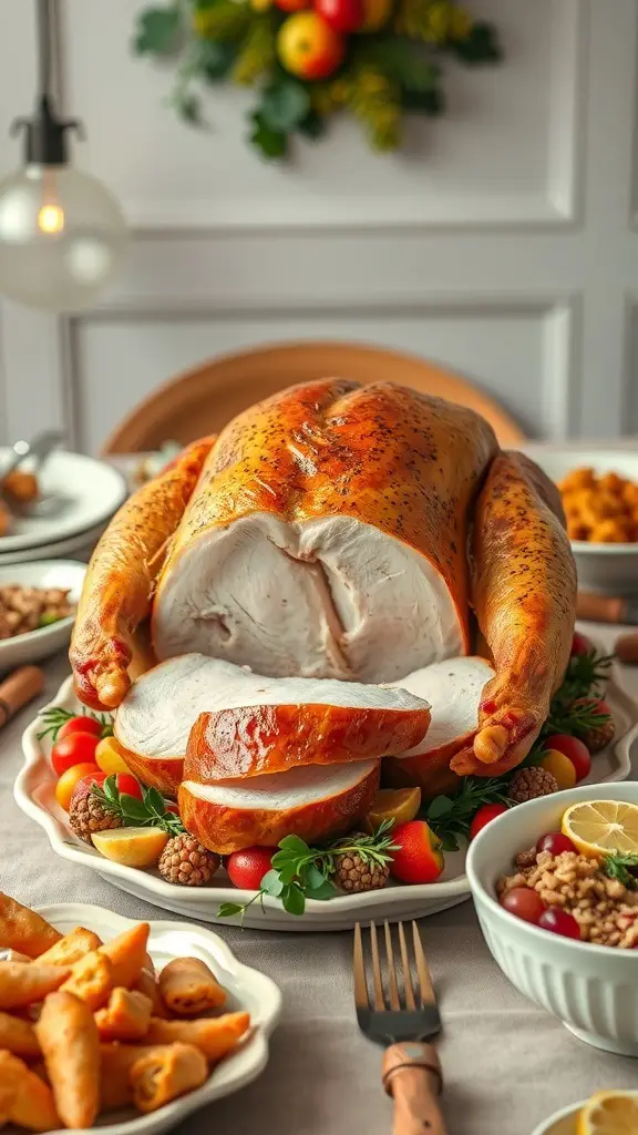 25+ Stunning Christmas Food Table Displays for Your Holiday Feast 6 A beautifully roasted turkey on a festive table, surrounded by garnishes and side dishes.