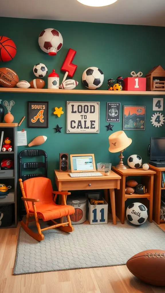 A colorful toddler room corner decorated with sports-themed items, including balls and wall art.