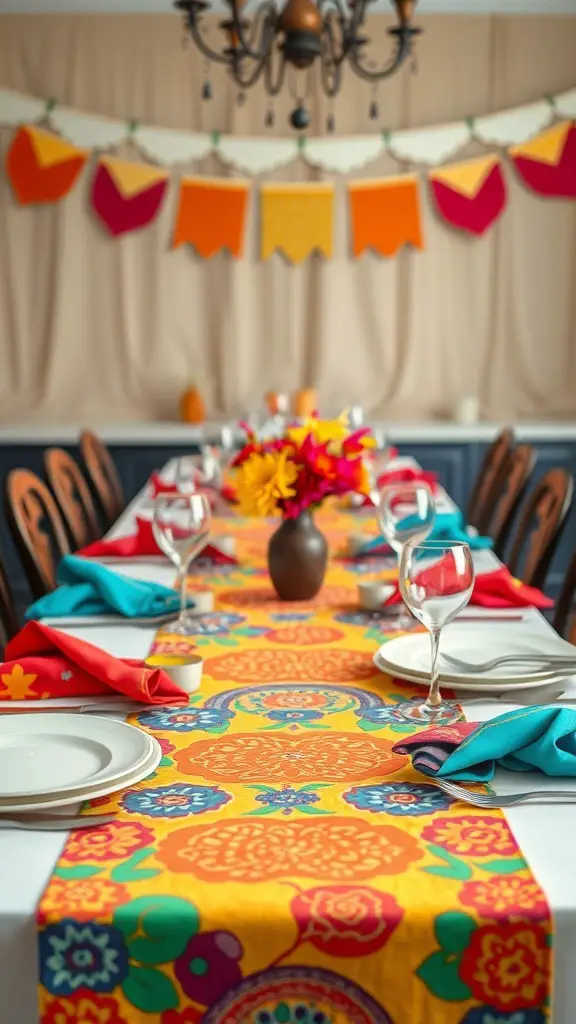 29+ Stunning Dining Room Table Decor Ideas 3 A colorful dining table with a vibrant yellow table runner, turquoise and red napkins, and a floral centerpiece.