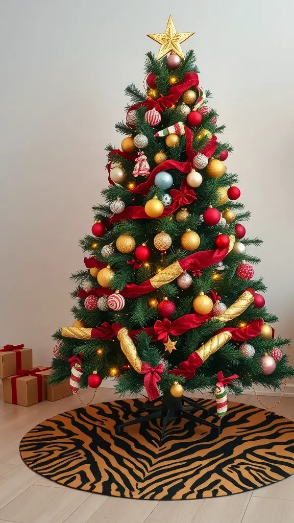 A Christmas tree with a tiger striped tree skirt, decorated with colorful ornaments and a star on top.