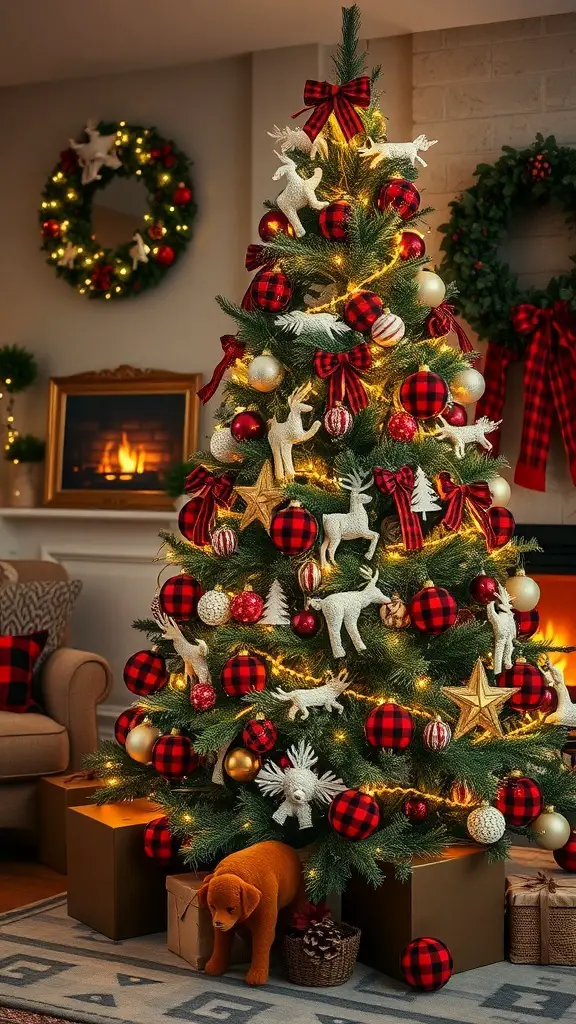 27+ Festive Tartan Christmas Decorations to Elevate Your Holiday Decor 14 A beautifully decorated Christmas tree with checkered ornaments, golden accents, and animal figures, surrounded by gifts.