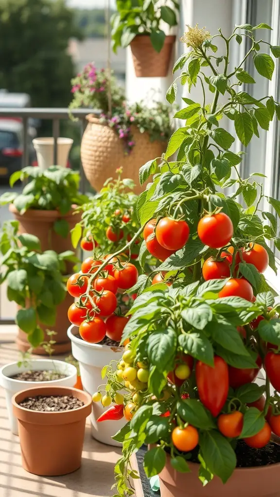 A collection of tomato plants in pots, showcasing ripe red and yellow tomatoes, with other plants in the background.