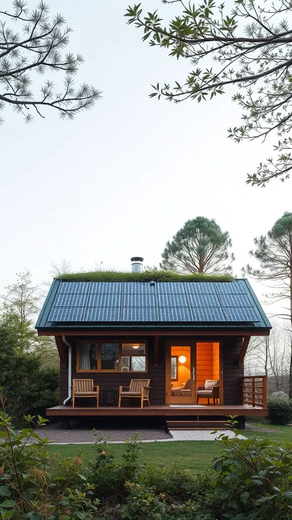 Eco-friendly cabin with solar panels and a green roof surrounded by trees