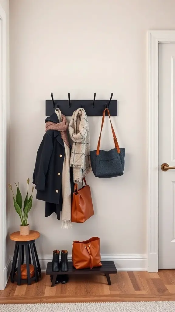 A stylish black coat rack with hooks, displaying coats, scarves, and bags, alongside a small plant and stool.