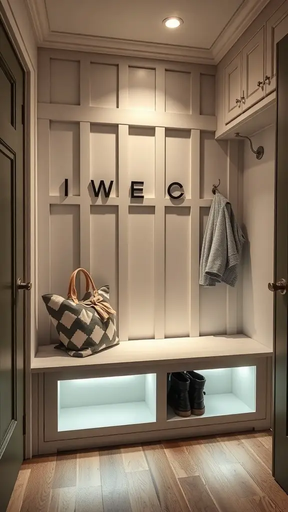 25+ Inspiring DIY Mudroom Bench Ideas to Revamp Your Space 12 Mudroom bench with integrated lighting and storage compartments