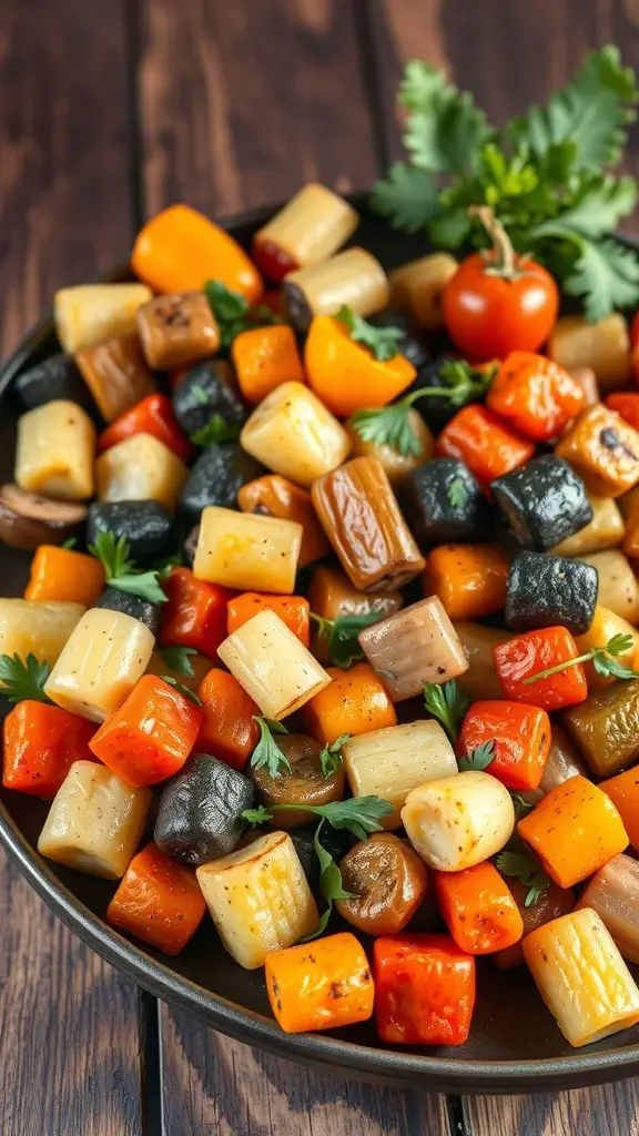 25+ Stunning Christmas Food Table Displays for Your Holiday Feast 4 A colorful roasted vegetable medley with carrots, bell peppers, and herbs on a wooden table.
