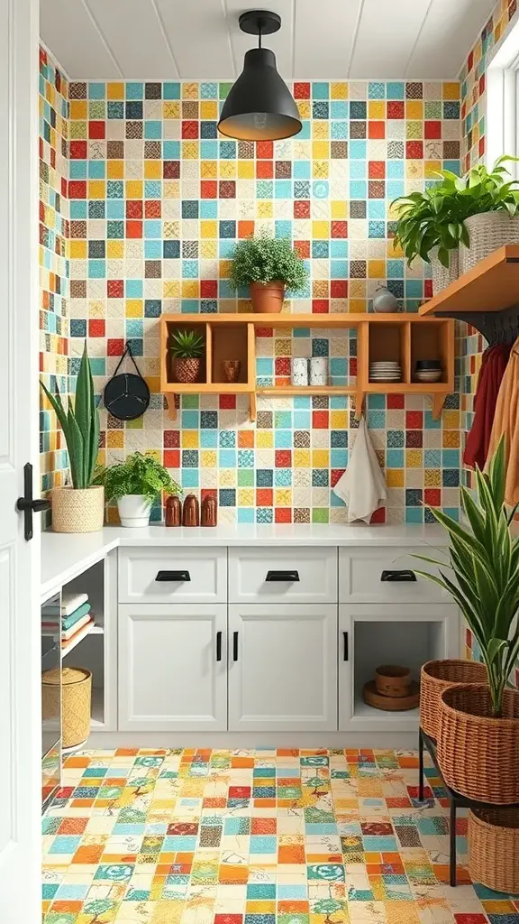 25+ Stylish Mudroom Tile Floor Ideas You’ll Love 7 Mudroom with colorful mosaic tile floor and patterned walls