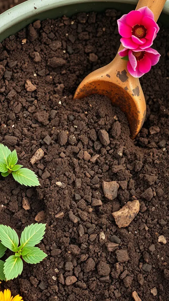 A close-up of dark, rich soil in a container with a wooden scoop and pink flowers.