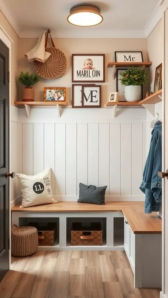 27+ Mudroom Ideas to Elevate Your Space 10 A cozy mudroom with personalized decor including framed photos, plants, and a comfortable bench.