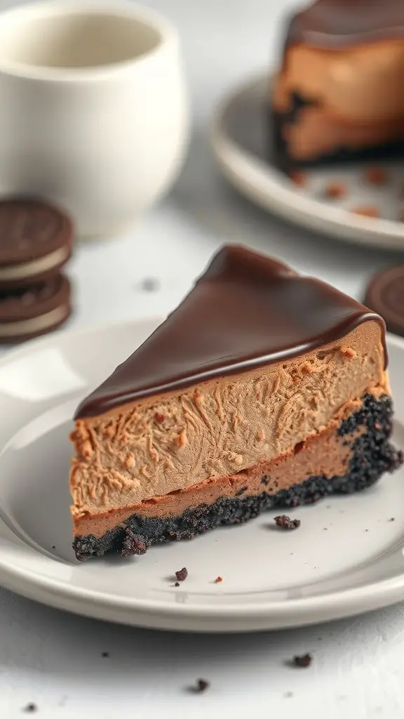 25+ Irresistible Chocolate Desserts You Must Try 12 A slice of chocolate cheesecake with an Oreo crust on a plate, accompanied by a cup of coffee and some Oreo cookies.