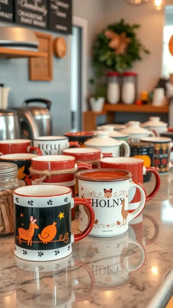 25+ Festive Cafe Christmas Decoration Ideas 5 A collection of seasonal themed mugs in a cozy cafe setting.