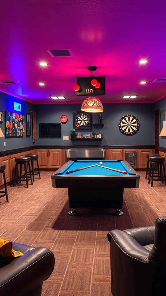 A stylish game room featuring a pool table, dartboard, and comfortable seating.