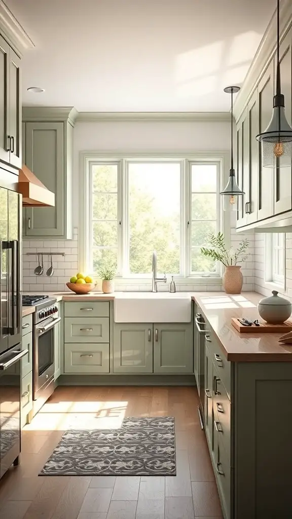 25+ Beautiful Sage Green Farmhouse Kitchen Cabinet Ideas 2 A bright kitchen featuring sage green cabinets, wooden countertops, and natural light.