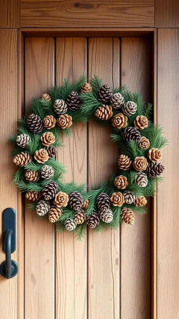 A decorative pinecone wreath on a wooden door