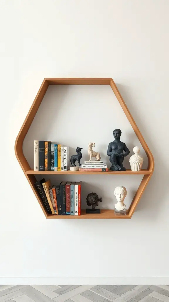 23+ Creative DIY Bookshelf Ideas 13 A stylish wall-mounted bookshelf in a unique hexagonal shape, displaying books and decorative items.