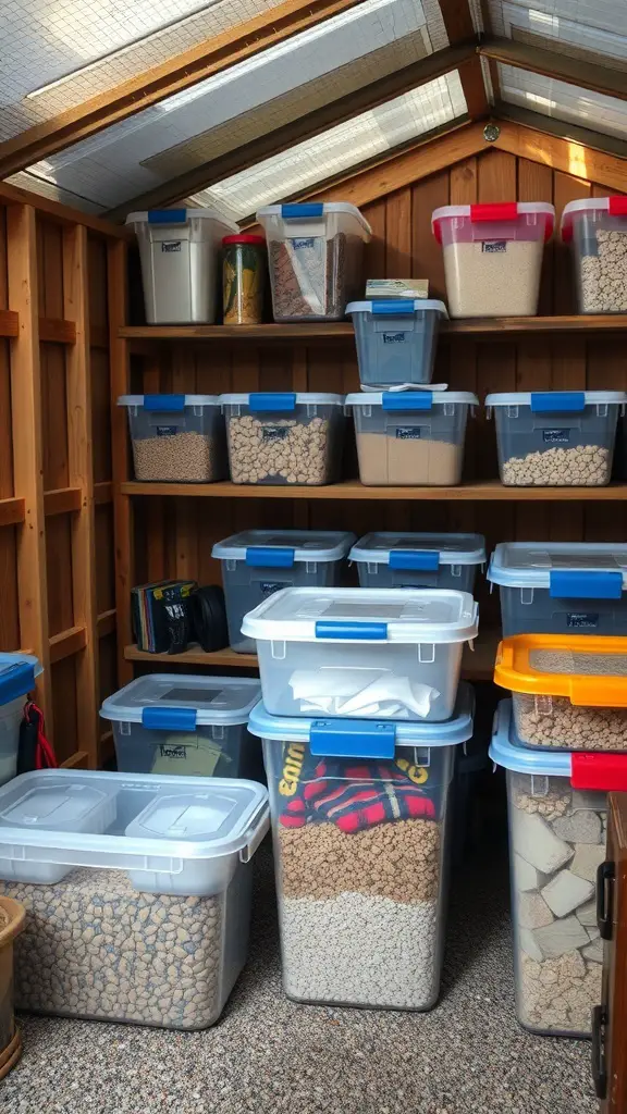27+ Smart Small Shed Storage Ideas You Need to Try 13 A well-organized shed featuring clear plastic containers on shelves, showcasing various items inside.