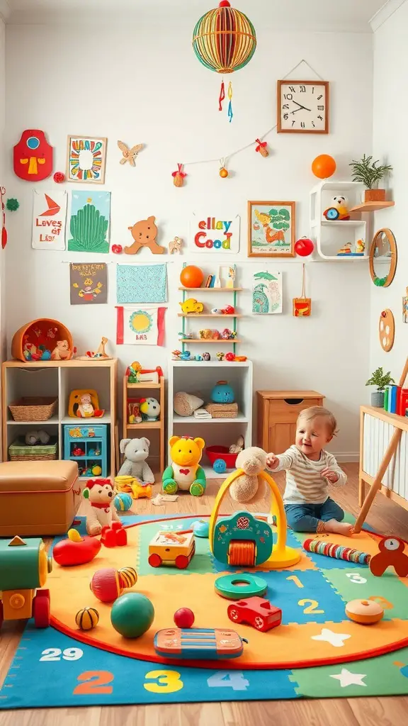 A colorful nursery with toys, a child playing, and cheerful decor.
