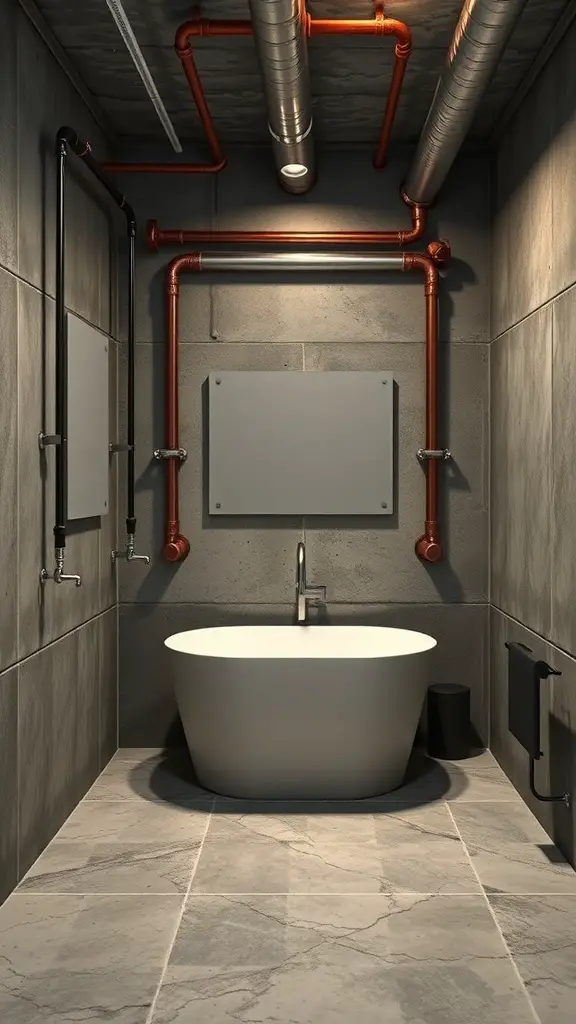 A sleek industrial bathroom featuring exposed pipes, a freestanding bathtub, and concrete walls.