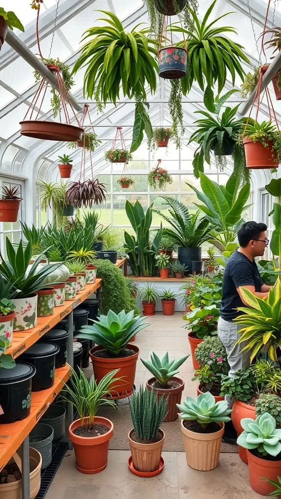 A greenhouse interior filled with various potted plants and hanging greenery.