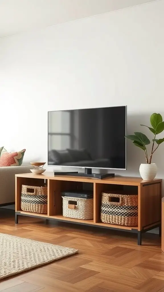 A stylish TV stand with decorative baskets in a living room setting.