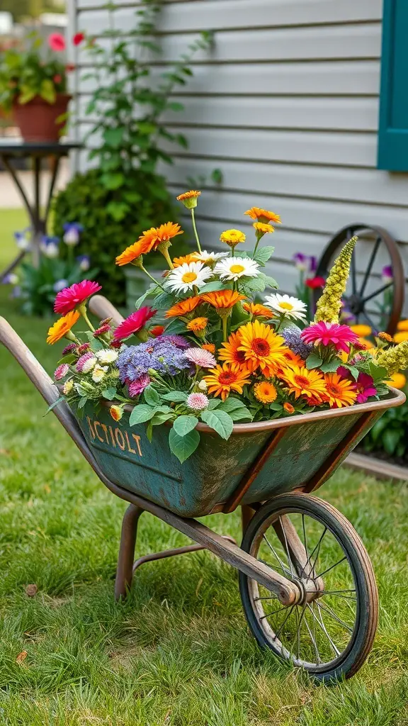 A colorful wheelbarrow filled with various flowers, placed in a garden setting.