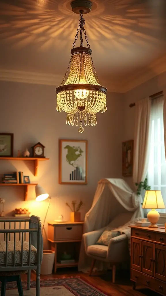 A beautifully designed chandelier in a nursery, providing warm light and adding elegance to the space.