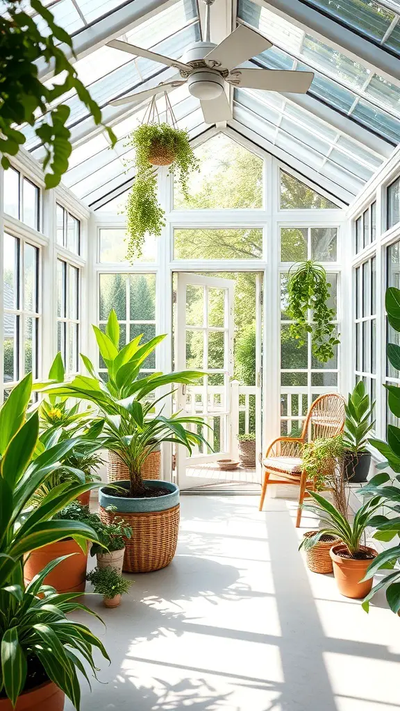 29+ Stunning Sunroom Addition Ideas Off Your Kitchen 6 Bright sunroom with plants and a cozy chair, showcasing a peaceful indoor space.
