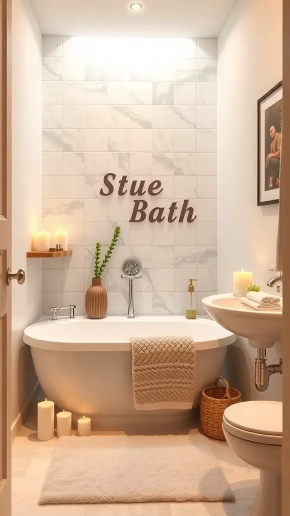 A small bathroom with a bathtub, candles, and decorative accessories.