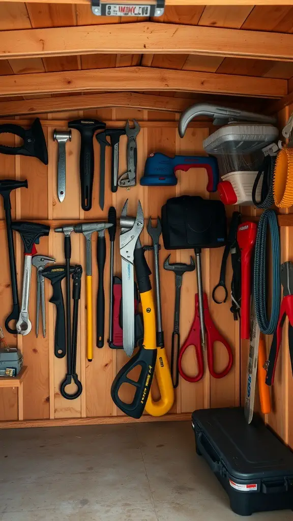 27+ Smart Small Shed Storage Ideas You Need to Try 4 A well-organized shed wall with various tools hanging on hooks.