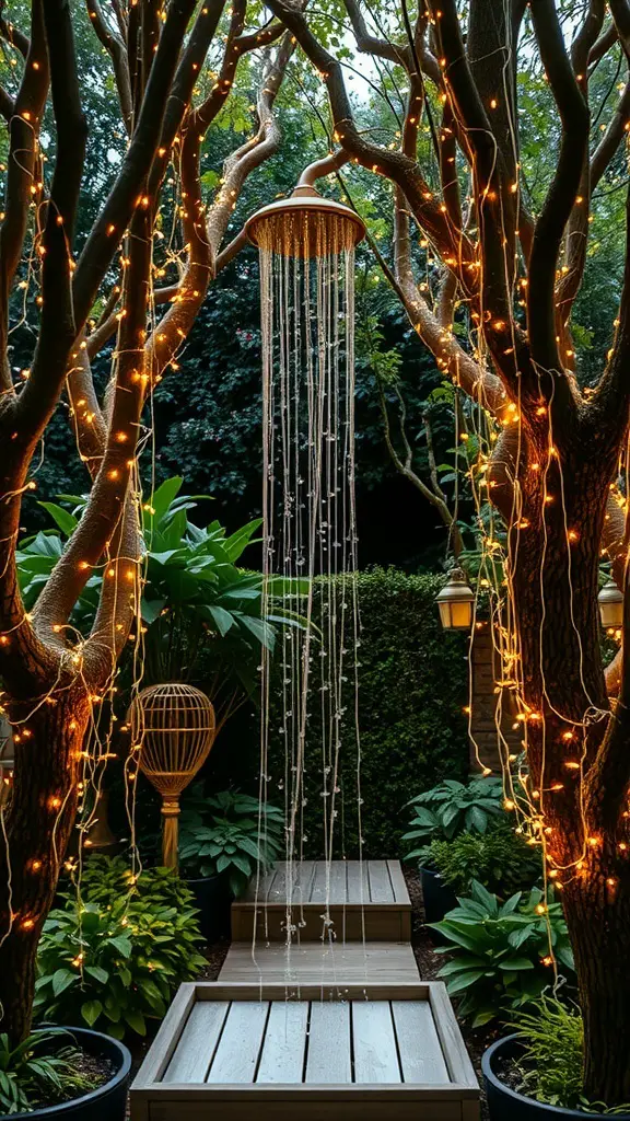 23+ Creative Garden Shower Ideas 3 A whimsical outdoor shower surrounded by fairy lights and greenery.