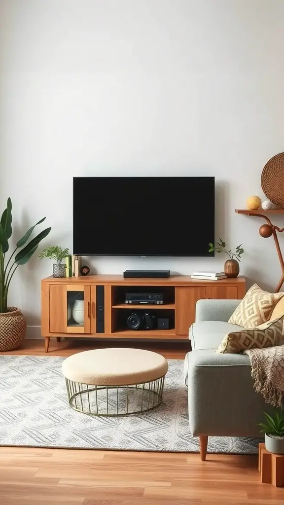 29+ Stunning Boho-Inspired Entertainment Centers to Transform Your Space 11 A stylish boho entertainment center featuring a wooden media console, a large TV, a round ottoman, and decorative plants.