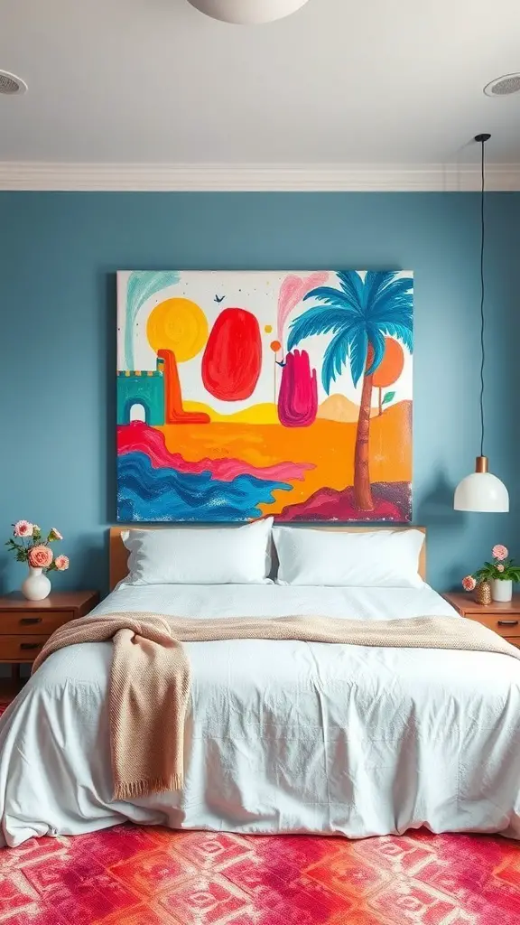 23+ Creative DIY Headboard Ideas to Transform Your Bedroom 9 A colorful painted canvas headboard above a bed with white bedding and a cozy blanket.