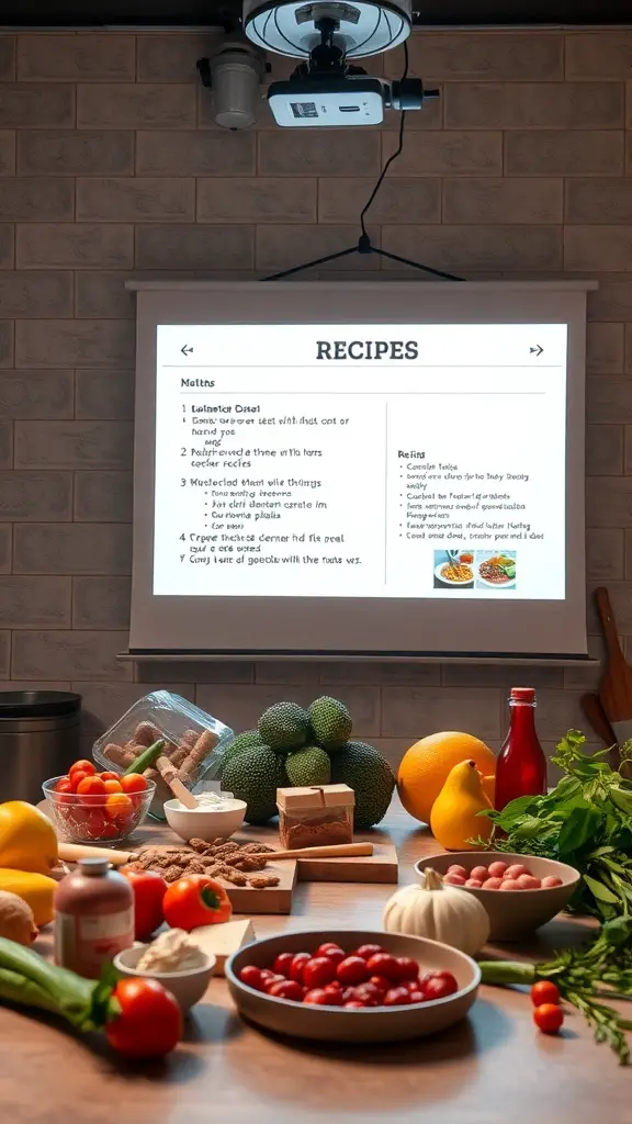 25 Unique Kitchen Gadgets You Didn't Know You Needed 4 A kitchen scene with an interactive recipe projector displaying recipes, surrounded by fresh ingredients.