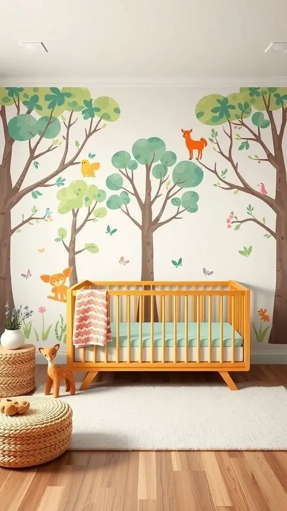 A nursery with a nature-inspired mural featuring trees, animals, and a cozy crib.