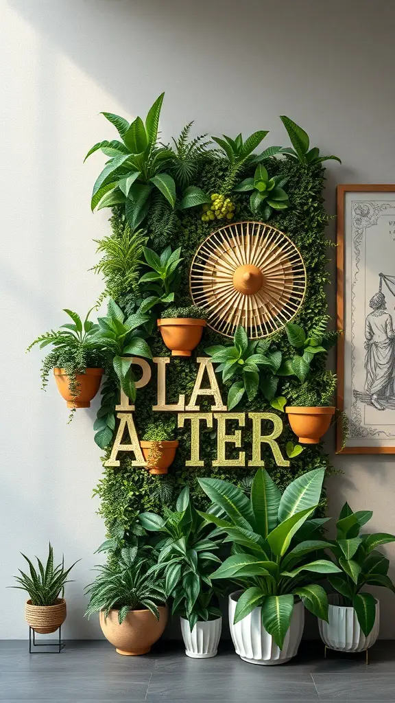 A vibrant plant wall featuring various green plants, decorative pots, and the word 'PLANTER' in bold letters.