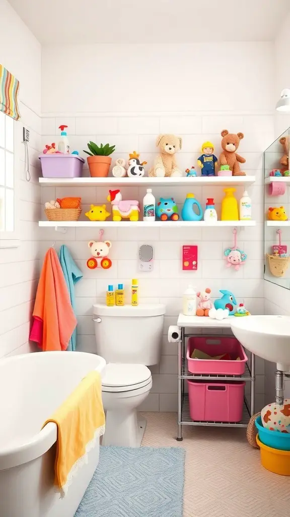 27+ Whimsical Kids Bathroom Ideas for a Fun and Functional Space 8 A colorful kids bathroom with shelves, toys, and storage solutions.