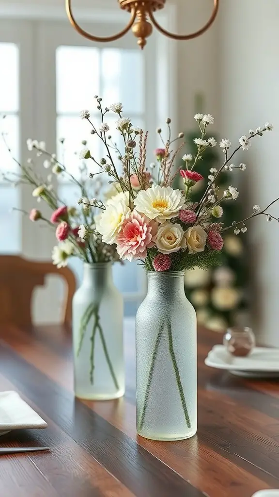 Two frosted glass vases filled with colorful flowers on a wooden table