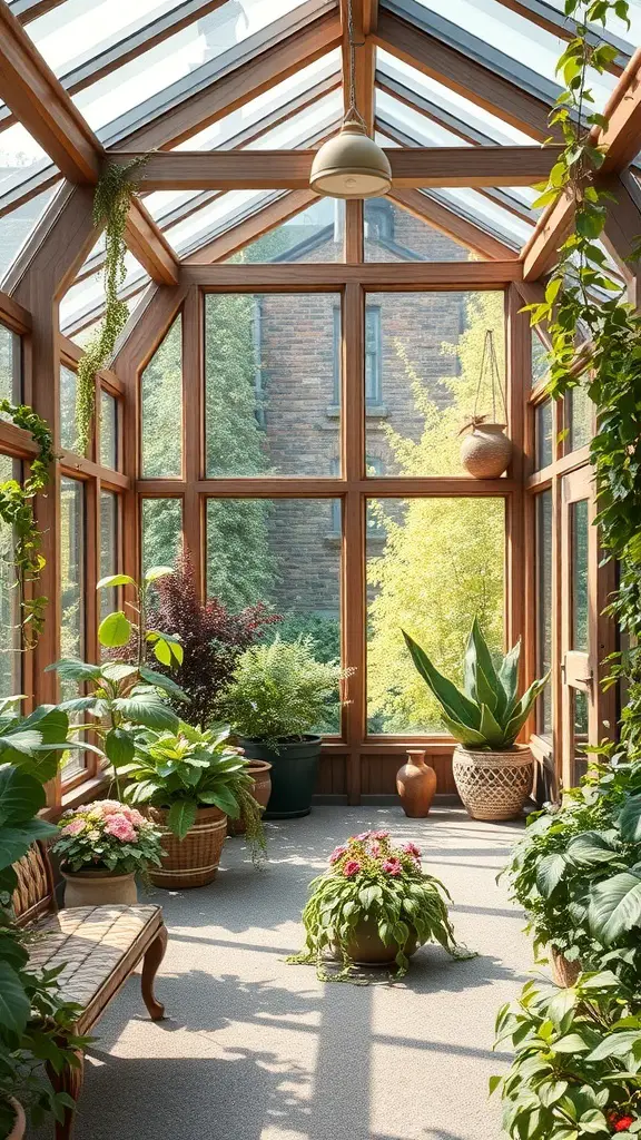 29+ Stunning Attached Greenhouse Sunroom Ideas for Your Home 10 A bright and inviting attached greenhouse sunroom filled with various plants, featuring large windows and wooden frames.