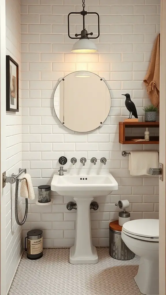 A small bathroom featuring vintage fixtures, a unique sink, industrial lighting, and decorative elements.