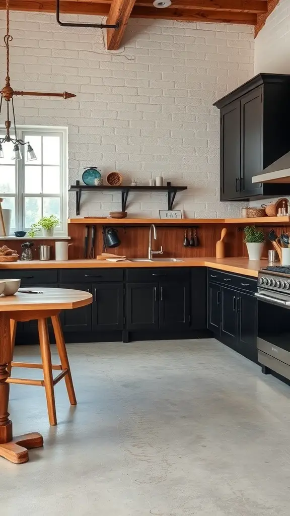 A rustic kitchen featuring black cabinets and wooden accents.