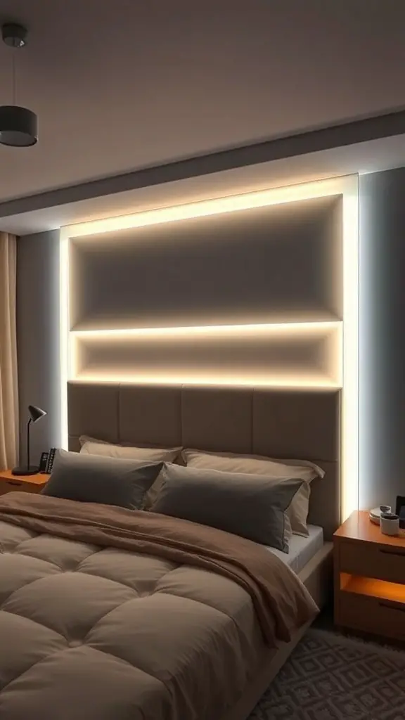 23+ Creative DIY Headboard Ideas to Transform Your Bedroom 10 A modern bedroom featuring a light-up headboard with LED lights.