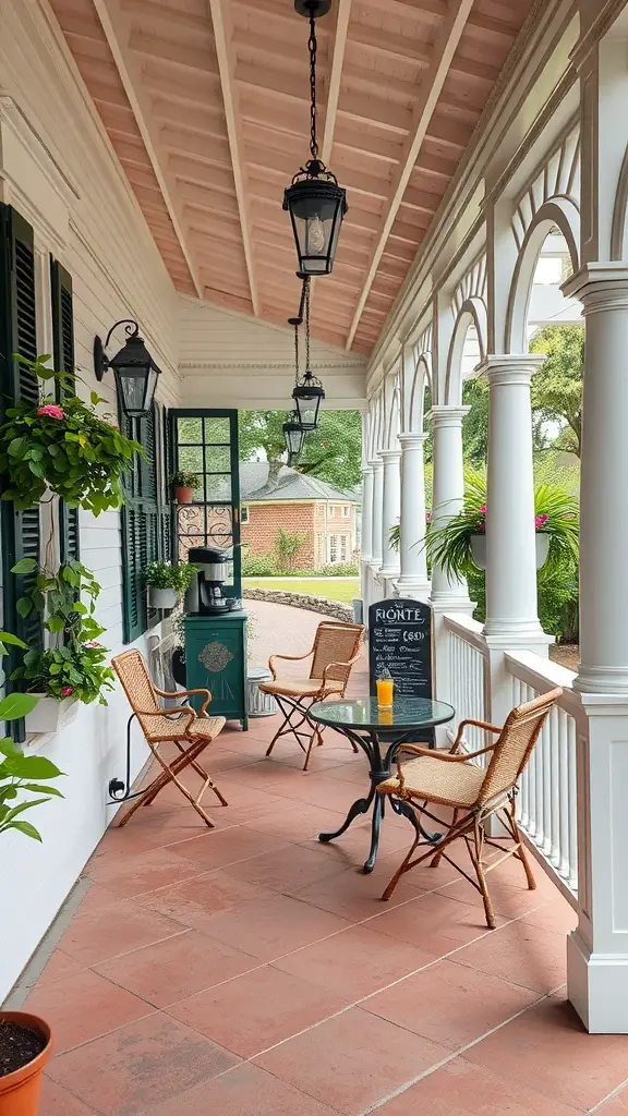 A covered porch with bistro seating, featuring hanging lanterns and greenery.
