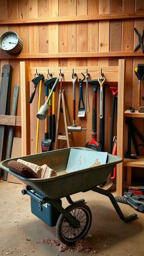 A DIY wheelbarrow rack with hooks displaying various garden tools in a wooden shed.