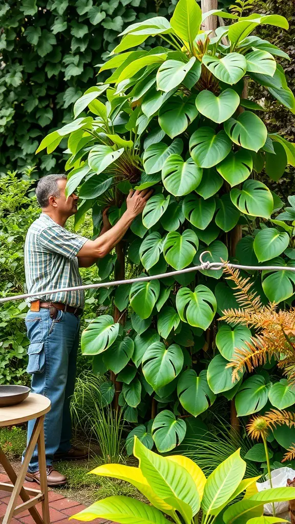 A person tending to a Monstera plant on a trellis in a garden.